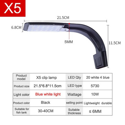 Szupervékony LED-es akváriumi lámpa Világító növények növekedési fény 5W/10W/15W vízinövény-világító vízálló, csíptetős lámpa akváriumhoz