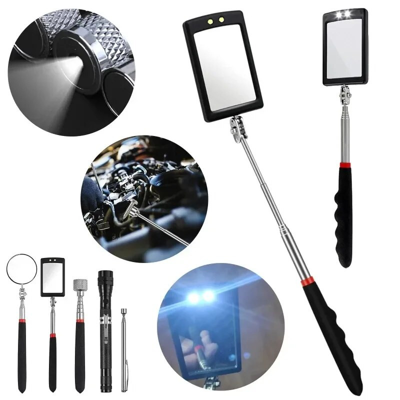 Automašīnas spogulis pārnēsājams teleskopisks elastīgs galvas pārbaudes spogulis LED gaisma regulējama 360 grādu grozāma skatīšanās auto rokas instrumenti