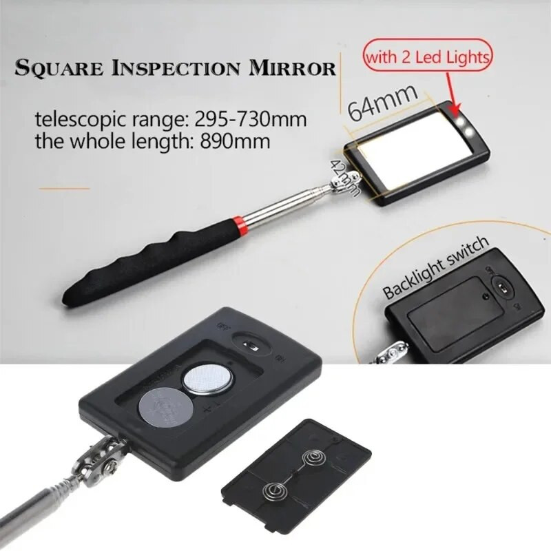 Automašīnas spogulis pārnēsājams teleskopisks elastīgs galvas pārbaudes spogulis LED gaisma regulējama 360 grādu grozāma skatīšanās auto rokas instrumenti