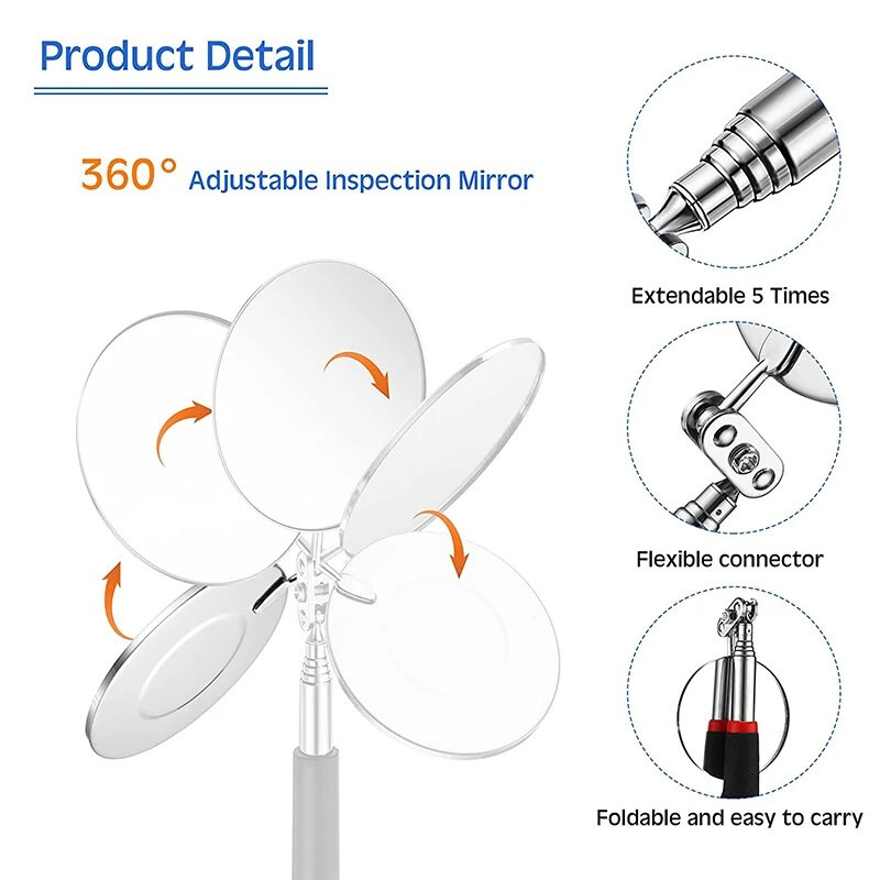 Regulējams teleskopiskais pārbaudes apaļais spogulis, kas pagarina automašīnas skata leņķi, pildspalva, rokas, automātiska teleskopiskā noteikšanas objektīva remonta rīks 50 mm