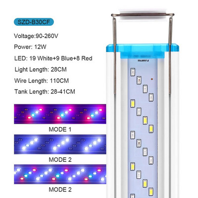 Üliõhuke akvaariumi LED-valgusti veetaimevalgusti 18–75 cm pikendatav veekindel klamber akvaariumi lambil 90–260 V