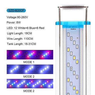 Üliõhuke akvaariumi LED-valgusti veetaimevalgusti 18–75 cm pikendatav veekindel klamber akvaariumi lambil 90–260 V
