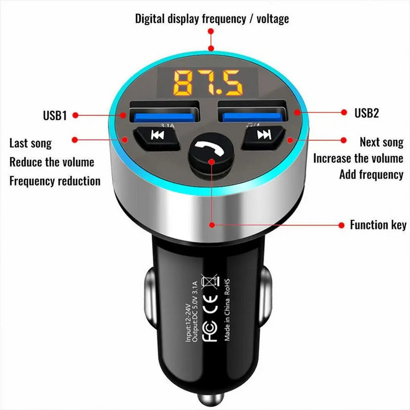 FM Transmitter Modulator Car Ασύρματο Bluetooth 5.0 USB Fast Charger Auto Aux Radio Mp3 Player Music Hands Free Car Kit