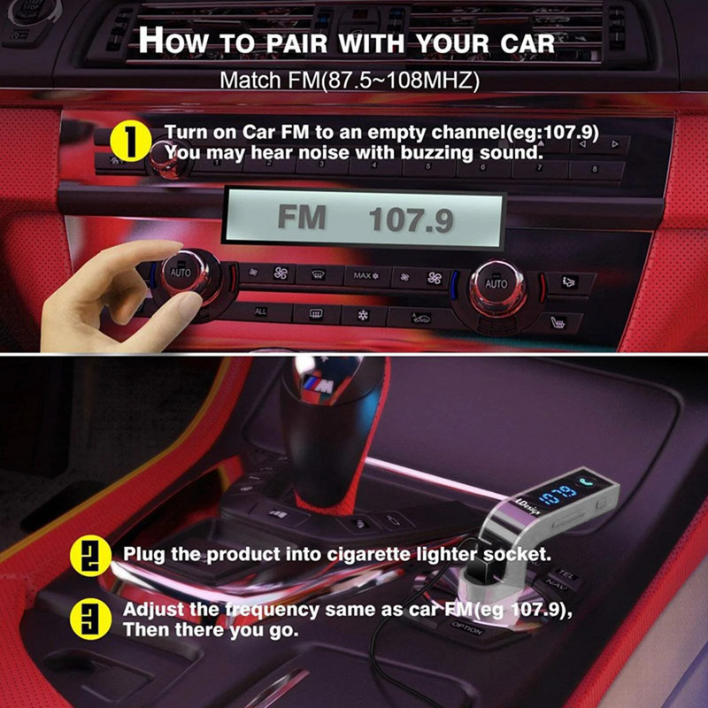 Automašīnas komplekts FM raidītājs Bluetooth brīvroku tipa radio MP3 atskaņotājs radio USB lādētājs brīvroku cigarešu šķiltavas komplekts satriecošs