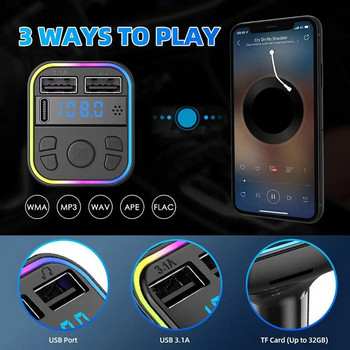 Πομπός αυτοκινήτου Bluetooth 5.0 FM PD Type-C Διπλός γρήγορος φορτιστής USB 3.1A Πολύχρωμο φως περιβάλλοντος Handsfree MP3 Modulator Player