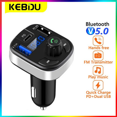 KEBIDU FM трансмитер Външен микрофон Двоен USB PD Тип C Бързо зареждане Зарядно за кола Bluetooth 5.0 Handsfree Автомобилен FM модулатор