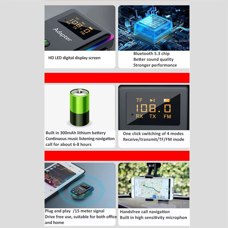 Πομπός Bluetooth 5.3 Δέκτης LED Οθόνη TF Card Play Ασύρματος προσαρμογέας ήχου AUX HIFI RCA 3,5 mm για ακουστικά τηλεόρασης υπολογιστή αυτοκινήτου