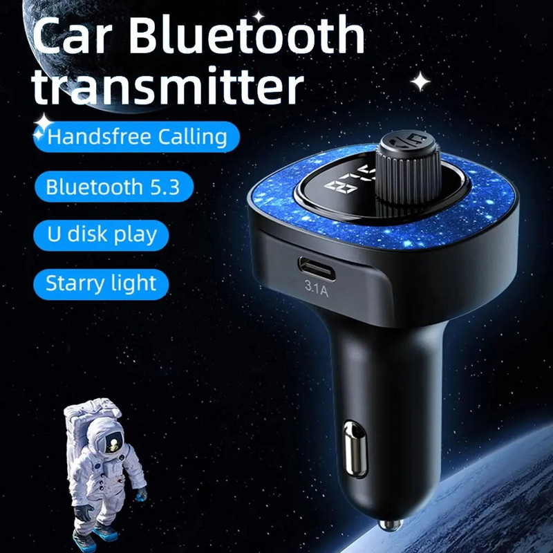 Auto FM-saatja Starry Atmosphere Light Bluetooth 5.3 Audio MP3-mängija Type-C USB-porti laadija vabakäekõne autokomplekt