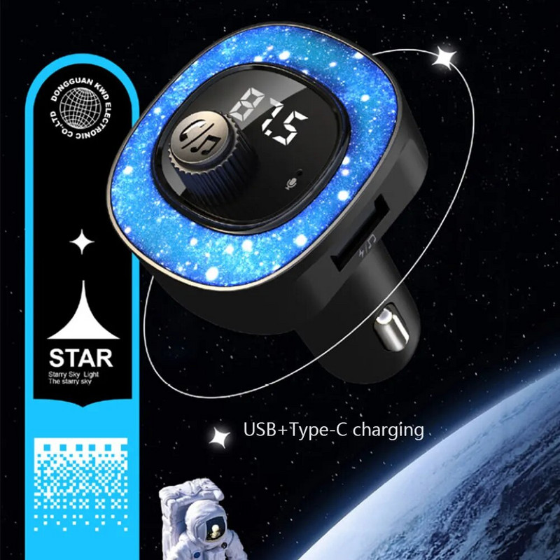 Auto FM-saatja Starry Atmosphere Light Bluetooth 5.3 Audio MP3-mängija Type-C USB-porti laadija vabakäekõne autokomplekt