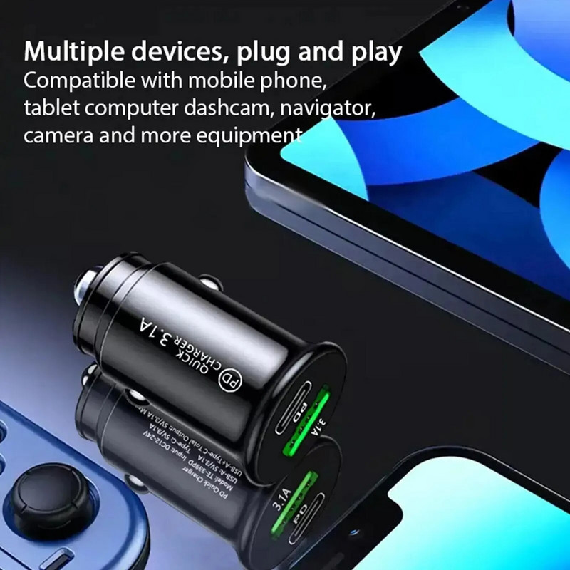 QC3.0 autolaadija kiirlaadimine valge must minikujuline autosüütaja pesa PD 30W USB Type C laadimine mobiiltelefon 5V 3,1A tulemasin