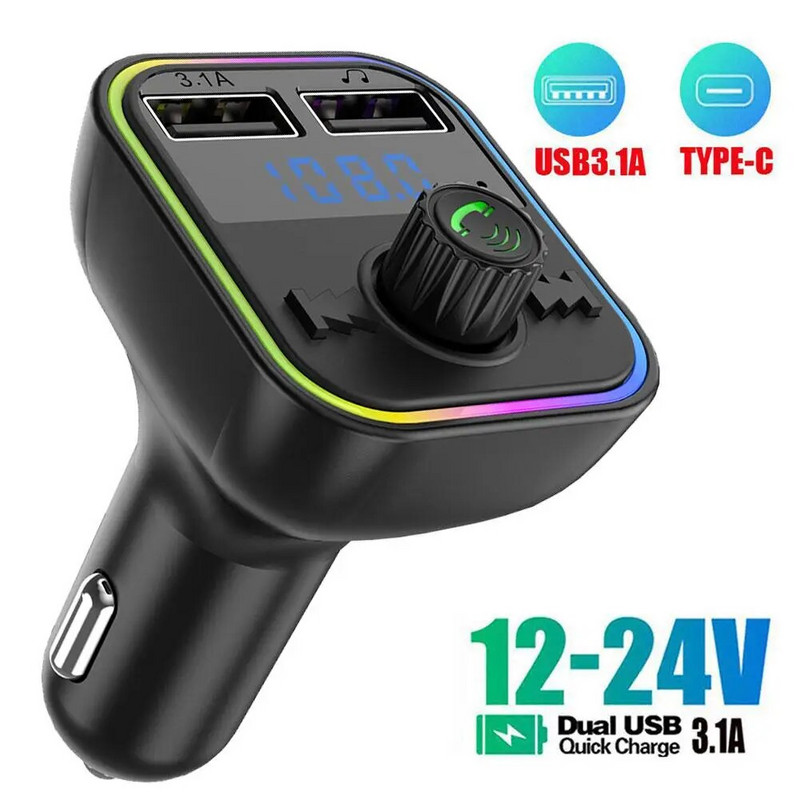 Automobilski Bluetooth 5.0 FM odašiljač PD Type-C Dual USB 3.1A Brzi punjač Šareno ambijentalno svjetlo Handsfree MP3 Modulator Player