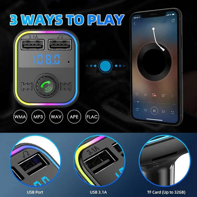 Automobilski Bluetooth 5.0 FM odašiljač PD Type-C Dual USB 3.1A Brzi punjač Šareno ambijentalno svjetlo Handsfree MP3 Modulator Player