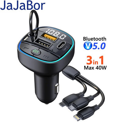JaJaBor FM трансмитер 3 в 1 Кабел за зареждане 40W 2 USB Type C 3.1A Зарядно за бързо зареждане MP3 плейър Bluetooth комплект за кола Handsfree