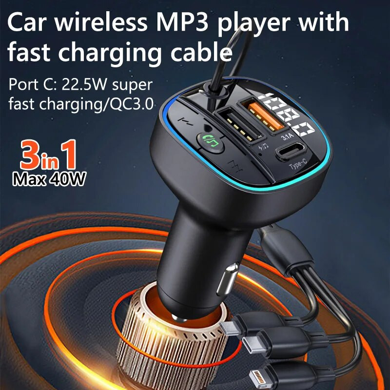 JaJaBor FM raidītājs 3 vienā uzlādes kabelis 40W 2 USB Type C 3.1A ātrās uzlādes lādētājs MP3 atskaņotājs Bluetooth automašīnas komplekts brīvroku ierīce