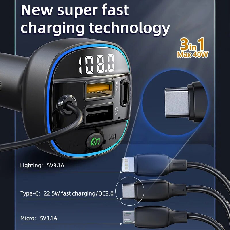 JaJaBor FM raidītājs 3 vienā uzlādes kabelis 40W 2 USB Type C 3.1A ātrās uzlādes lādētājs MP3 atskaņotājs Bluetooth automašīnas komplekts brīvroku ierīce