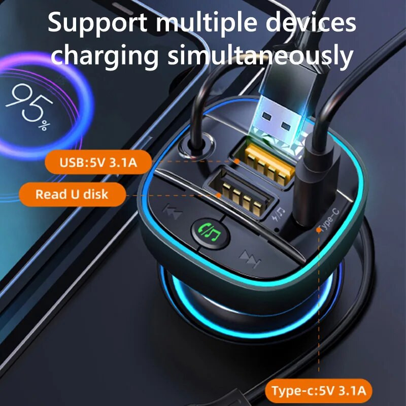 JaJaBor FM raidītājs 3 vienā uzlādes kabelis 40W 2 USB Type C 3.1A ātrās uzlādes lādētājs MP3 atskaņotājs Bluetooth automašīnas komplekts brīvroku ierīce