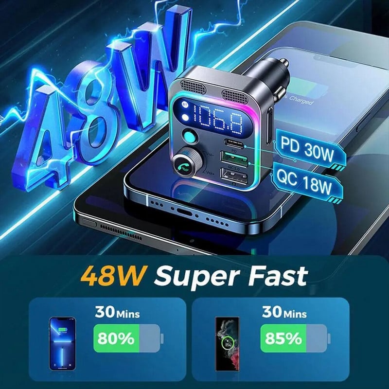 2023 Bluetooth 5.0 FM adó autóhoz FM/AUX Bluetooth autós adapter autós töltő Bass Boost 3 portos töltő Bluetooth adapter