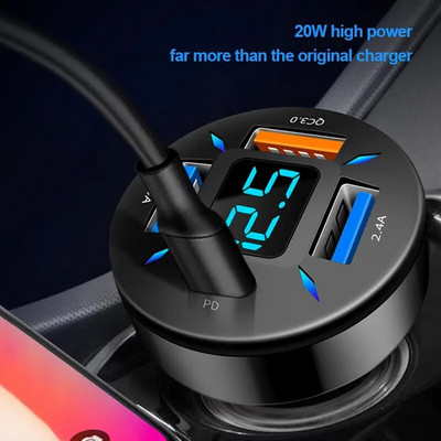 Car Charger Quick Charge Cigarette Lighter Adapter 4 Port USB A USB C Fast Charging Phone Charger for iPhone Xiaomi