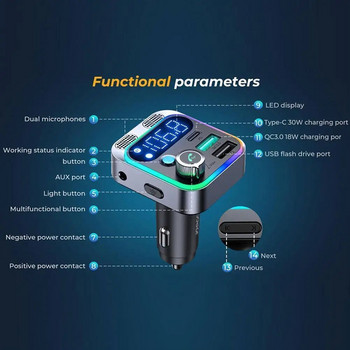 2024 Bluetooth 5.3 FM трансмитер за кола, [по-силен звук с двоен микрофон и дълбок бас], 48 W PD&QC3.0 зарядно за кола Bluetooth адаптер