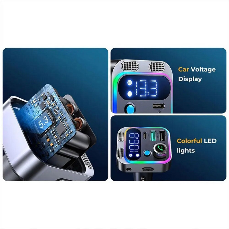 2024 Bluetooth 5.3 FM odašiljač za automobil, [Jači zvuk s dubljim basom s dva mikrofona], 48 W PD&QC3.0 Bluetooth adapter za auto punjač