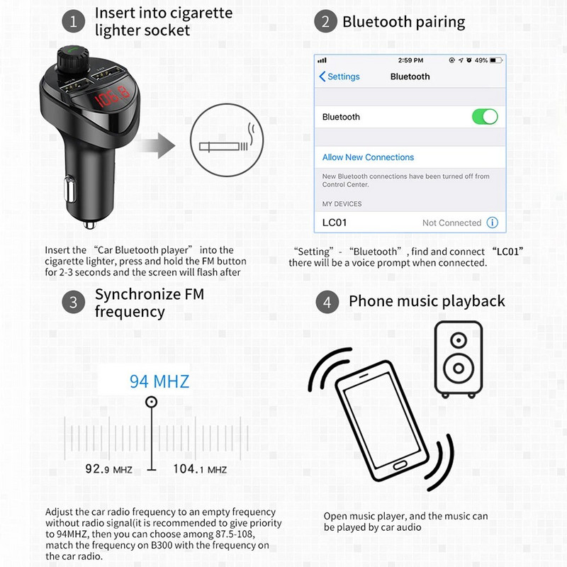 Automašīnas bezvadu FM raidītājs Auto audio MP3 atskaņotājs ar Bluetooth saderīgs 4.2 Ātrās uzlādes audio MP3 atskaņotājs mūzikas brīvroku automašīnas komplekts