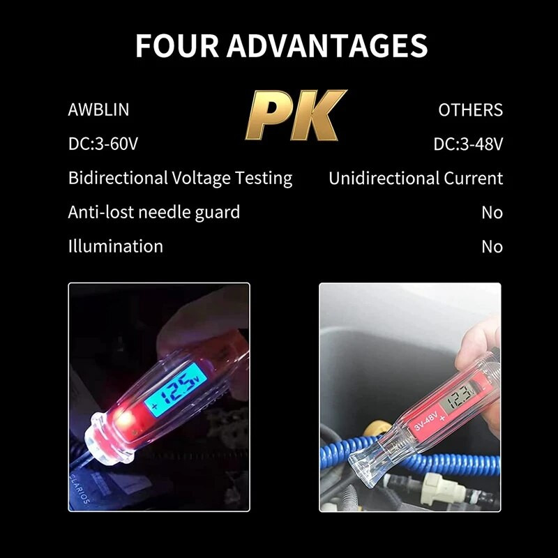 3–60 V mootorsõidukite vooluringi tester, digitaalne valgustester koos voltmeetriga raskeveokite testvalgusti LCD-taustvalgustusega ekraaniga