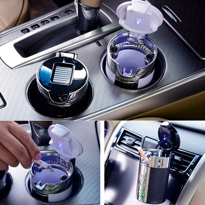 Automašīnu saules trauks, oglekļa šķiedras pelnu trauks ar LED gaismām, orhideju automašīnu pelnu trauks, pārnēsājams bezdūmu auto pelnu trauks.