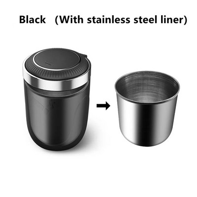 Automašīnas pelnu trauks ar LED Light Push Type auto transportlīdzekļa cigarešu pelnu trauka turētāja dekoru ar nerūsējošā tērauda starpliku