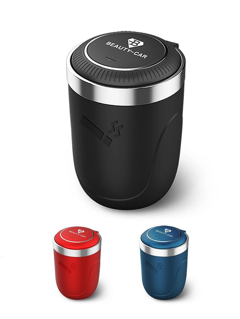 Automašīnas pelnu trauks ar LED Light Push Type auto transportlīdzekļa cigarešu pelnu trauka turētāja dekoru ar nerūsējošā tērauda starpliku