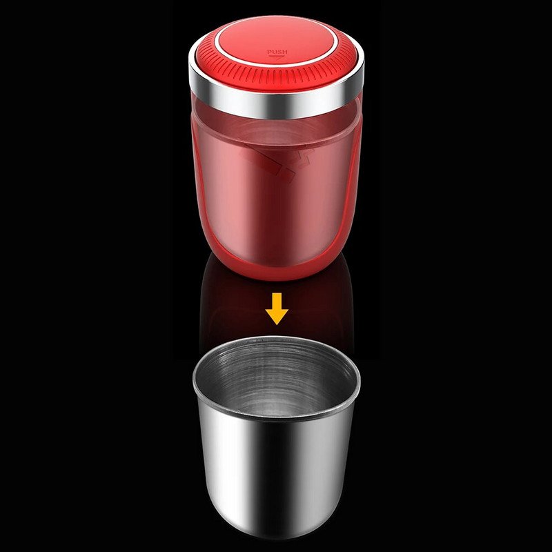 Automašīnas pelnu trauks ar LED Light Push Type auto transportlīdzekļa cigarešu pelnu trauka turētāja dekoru ar nerūsējošā tērauda starpliku