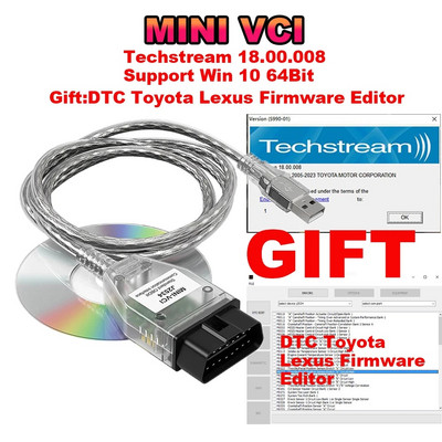 Mini Vci за Toyota TIS Techstream V18.00.008 FTDI FT232RL OBD2 диагностичен кабел до 2023 г. Редактор на фърмуера на DTC за Toyota/Lexus