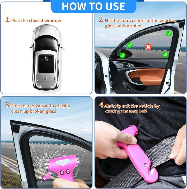 Alat za razbijanje prozora, razbijanje prozora automobila, sigurnosni čekić za automobil i rezač pojaseva 2 u 1, alat za bijeg iz automobila, (ružičasti sigurnosni čekić za automobil)