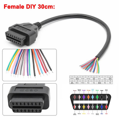 10/30 cm 16 kontaktiga naissoost meestele DIY OBD 2 OBD2 automaatne pikenduskaabel autode autodiagnostika autotööriistade skanner OBDII pistik