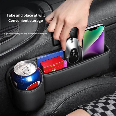 Leather Car Seat Organizer Multifunction Console Crevice Filler Side Storage Box With Cup Holder Car Interior Storage Pocket