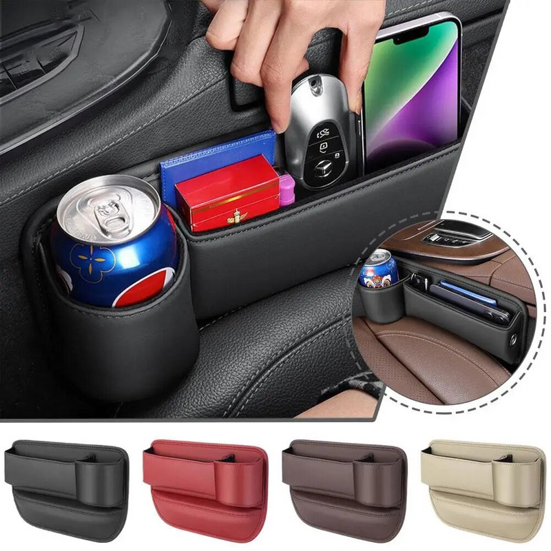 Ādas automašīnas sēdekļa organizators daudzfunkciju konsole spraugas pildījuma sānu glabāšanas kaste ar krūzes turētāju automašīnas salona glabāšanas kabatu