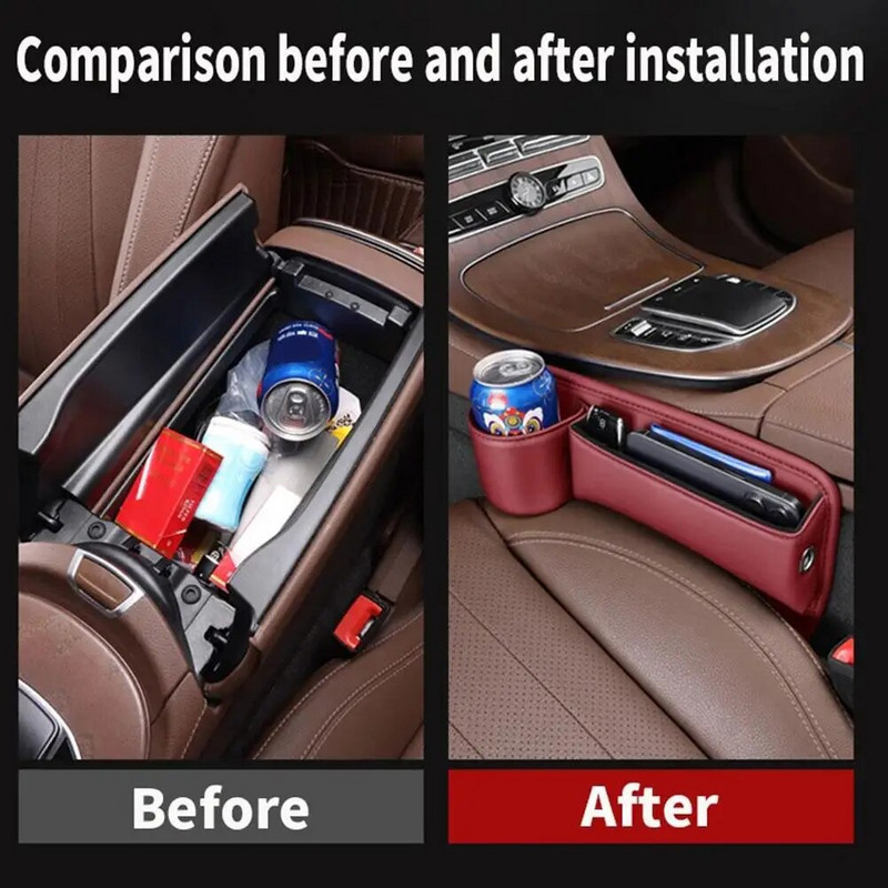 Ādas automašīnas sēdekļa organizators daudzfunkciju konsole spraugas pildījuma sānu glabāšanas kaste ar krūzes turētāju automašīnas salona glabāšanas kabatu