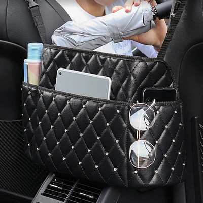 Crystal Rhinestone PU Leather Car Storage Bag Organizer Barrier of Backseat Holder Multi-Pockets Car Container Stowing Tidying