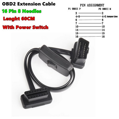 16 Pin OBD2 pagarinātāja atvēršanas kabelis, vīrišķais atvēršanas savienotājs OBD II ODB2 automašīnas diagnostikas interfeiss 30 CM 60 CM vīrišķais kabelis