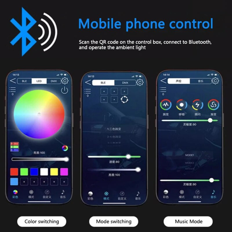 64 színű akril csíkok 110 cm-es autós LED-es környezeti világítás USB teljes színben RGB rejtett alkalmazás távirányító, autó belső atmoszféra lámpa