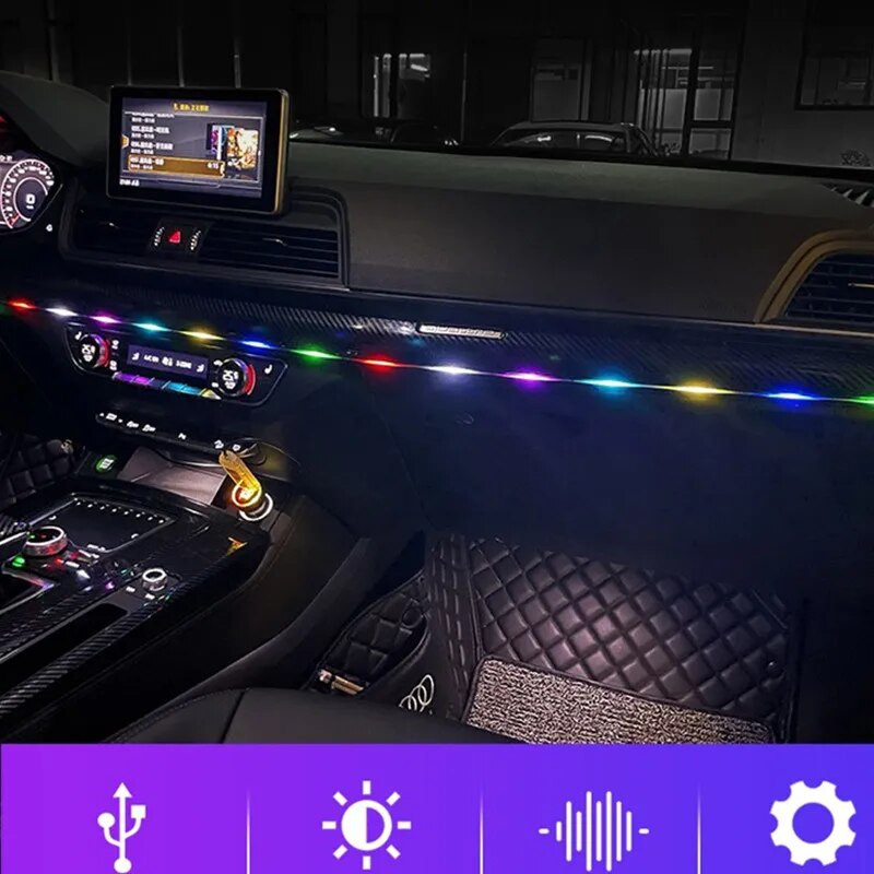 64 színű akril csíkok 110 cm-es autós LED-es környezeti világítás USB teljes színben RGB rejtett alkalmazás távirányító, autó belső atmoszféra lámpa