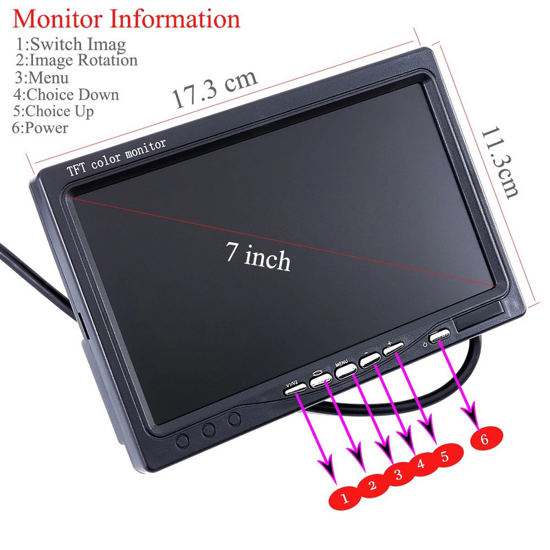 7 collu HD ekrāna automašīnas monitora komplekts ar 8 LED transportlīdzekļa atpakaļgaitas kameru parkošanās palīgsistēmas automašīnu elektroniku kravas automašīnai
