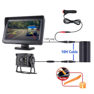 MJDOUD automašīnas atpakaļskata kamera ar monitoru kravas automašīnu novietošanai 4,3 collu ekrāna aizmugurējā kamera 9-36 V nakts redzamības ērta uzstādīšana