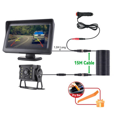 MJDOUD automašīnas atpakaļskata kamera ar monitoru kravas automašīnu novietošanai 4,3 collu ekrāna aizmugurējā kamera 9-36 V nakts redzamības ērta uzstādīšana