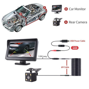 MJDOUD Автомобилна камера за задно виждане с монитор 4,3 инча за паркиране на превозни средства LED HD камера за заден ход LCD екран USB Лесна инсталация