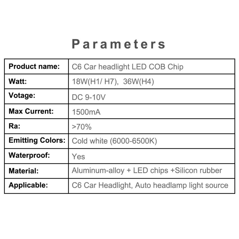 10 vnt COB LED lustai C6 automobilio priekinių žibintų lemputėms H1 H4 H7 HB3 HB4 880 H13 9004 9007 automatinio priekinio žibinto šviesos šaltinis C6 COB lustas 6000K