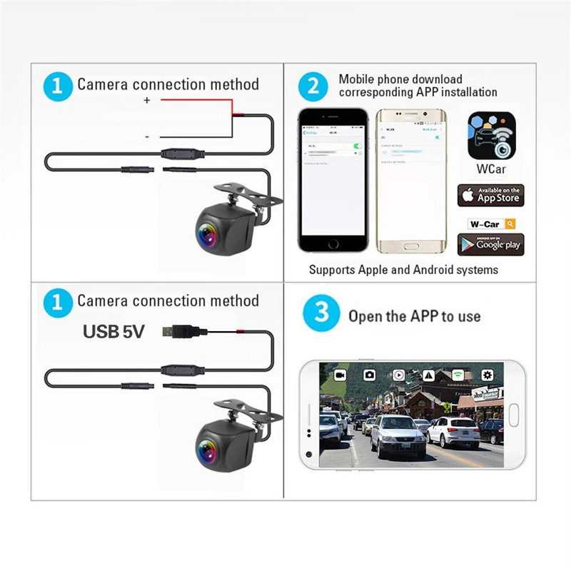 Juhtmeta auto tahavaatekaamera WIFI 170 kraadi HD öönägemisega WiFi tagurduskaamera armatuurkaamera iPhone`i Android 12V 24V autodele