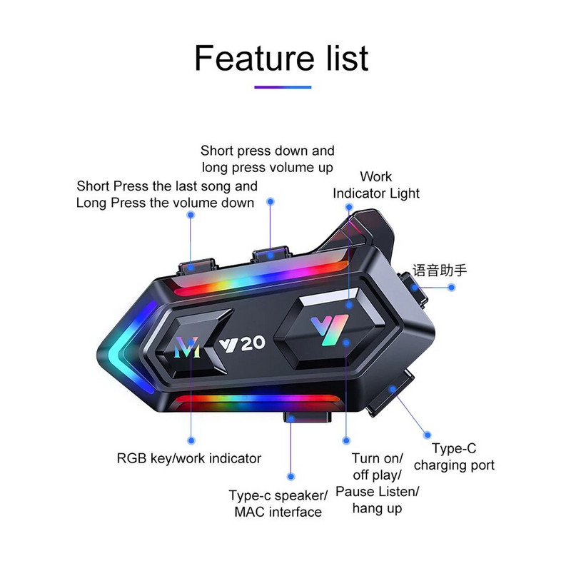 Kebidumei Y20 Bluetooth slušalica za motociklističku kacigu Radom RGB osvjetljenje Handsfree Noize Reduction bežične motociklističke slušalice