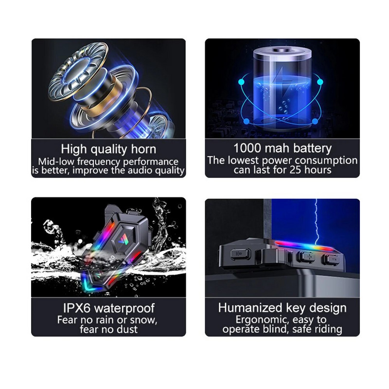 Kebidumei Y20 Bluetooth slušalica za motociklističku kacigu Radom RGB osvjetljenje Handsfree Noize Reduction bežične motociklističke slušalice