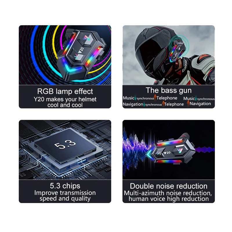 Kebidumei Y20 Bluetooth slušalica za motociklističku kacigu Radom RGB osvjetljenje Handsfree Noize Reduction bežične motociklističke slušalice