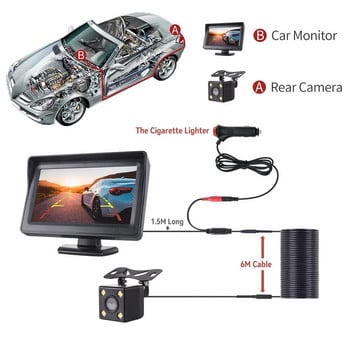 MJDOUD 4,3-инчова автомобилна камера за задно виждане с монитор за паркиране на превозни средства LED HD камера за заден ход TFT LCD екран Лесна инсталация